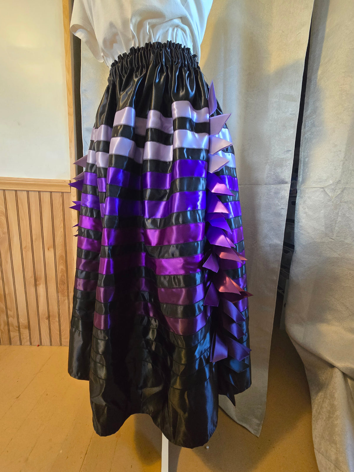 Purple Bridal Satin Ribbon Skirt with cascading ribbons