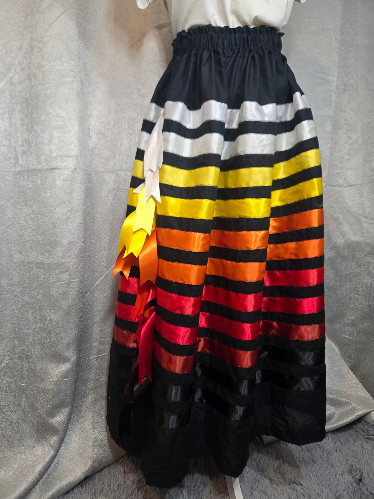 Colorful Sunfire Ribbon Skirt with cascading ribbons